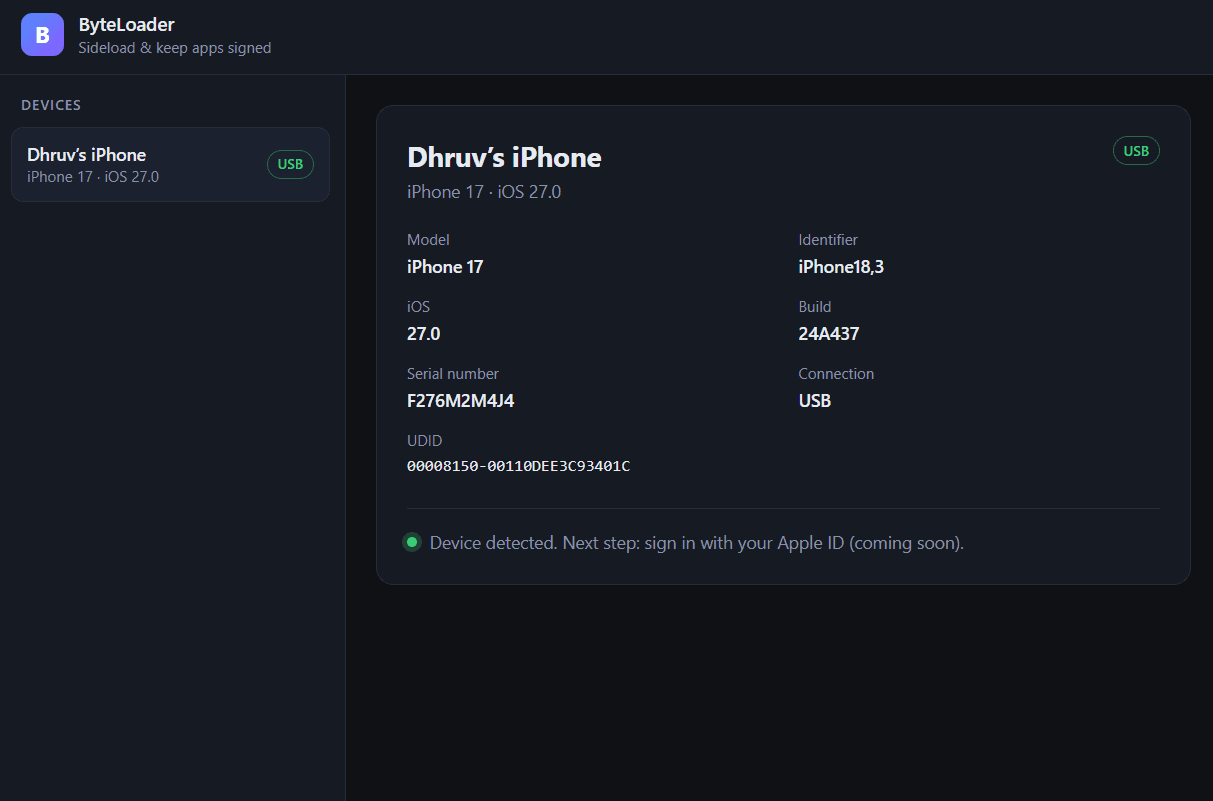 ByteLoader on Windows showing a connected iPhone in the sidebar and its model, iOS version, serial number and UDID